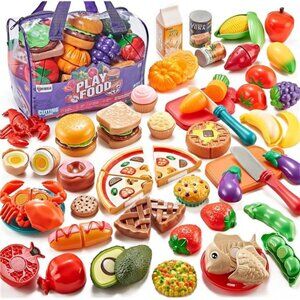 Pretend Play Food for Kids Kitchen - 78Pc Cutting Toy Food with Storage Bag